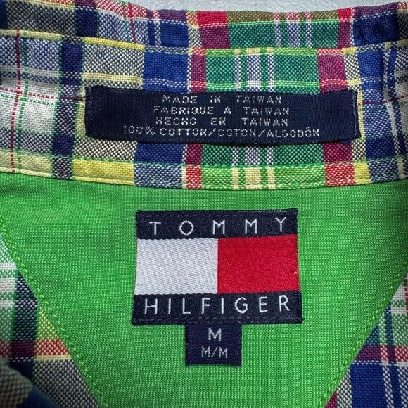 Vintage Tommy Hilfiger Shirt Mens Medium Green Plaid Crest 90s Y2K Camp Casual - Picture 10 of 13